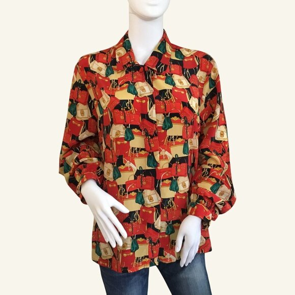 Vintage Jordan Womens Blouse Purse Print Button-Up Long Sleeve Size 12 - Picture 1 of 6